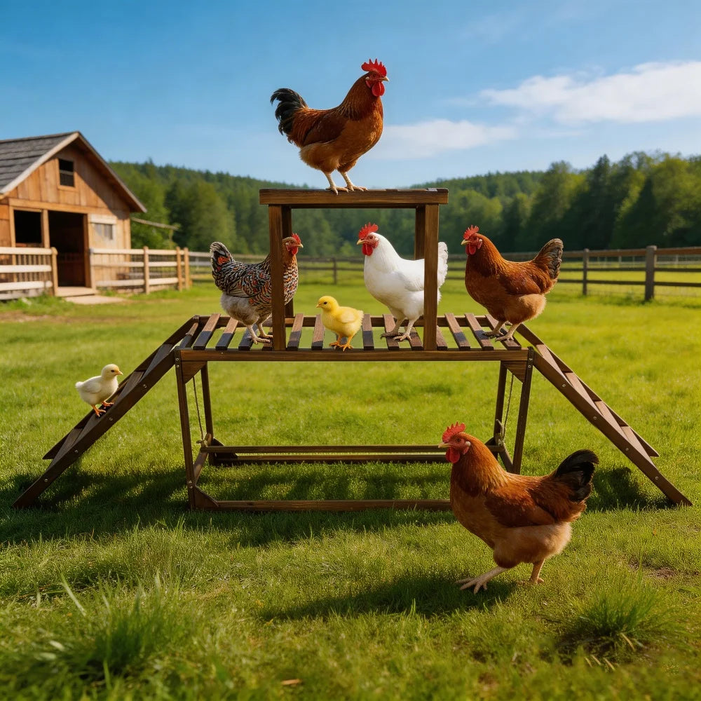 Chicken Coop Toy with Swing Ladder Platform Chicken Run Roosting Bar Hens Activity Play Ladder for Backyard Farm