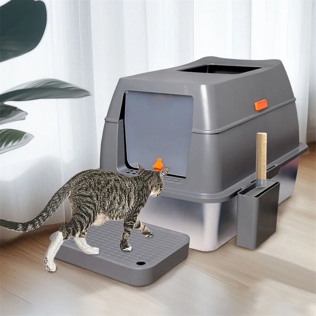 Stainless Steel Enclosed Cat Litter Box With High Sides Scoop
