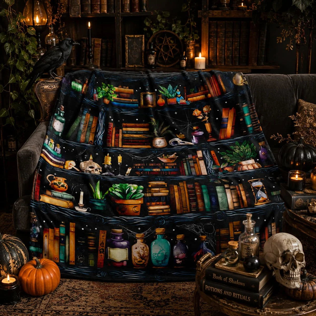 Halloween Book Lover Witch Bookshelf Fleece Throw Blanket Home Decor