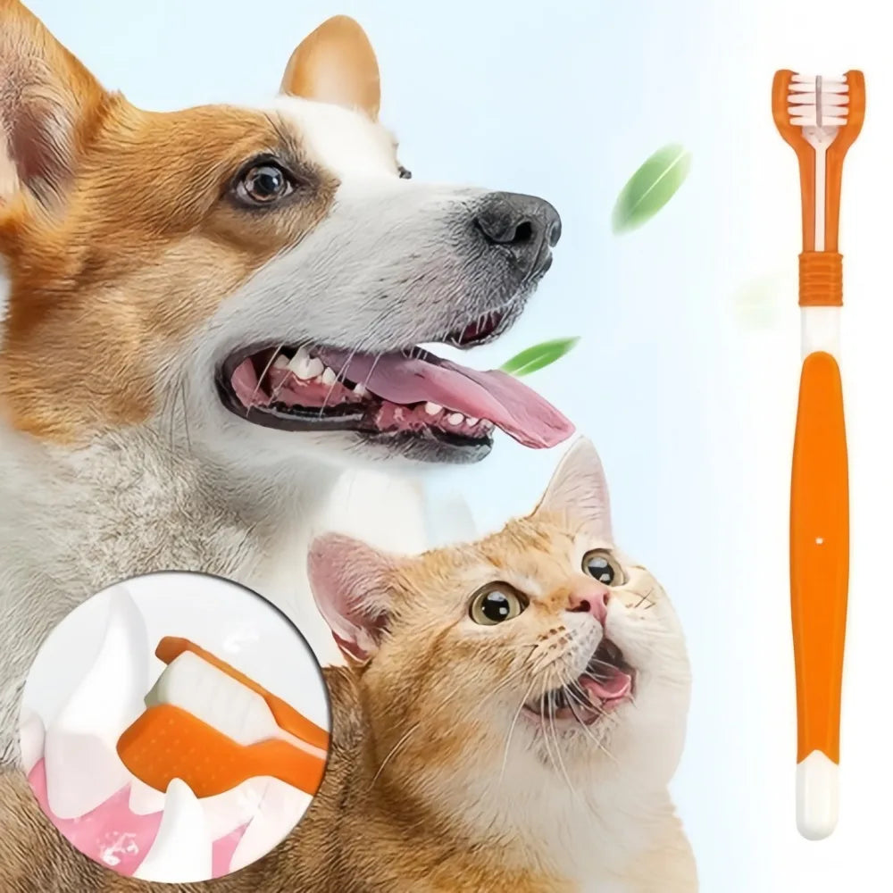3-Sided Pet Toothbrush Dogs Cats Removes Tartar Freshens Breath