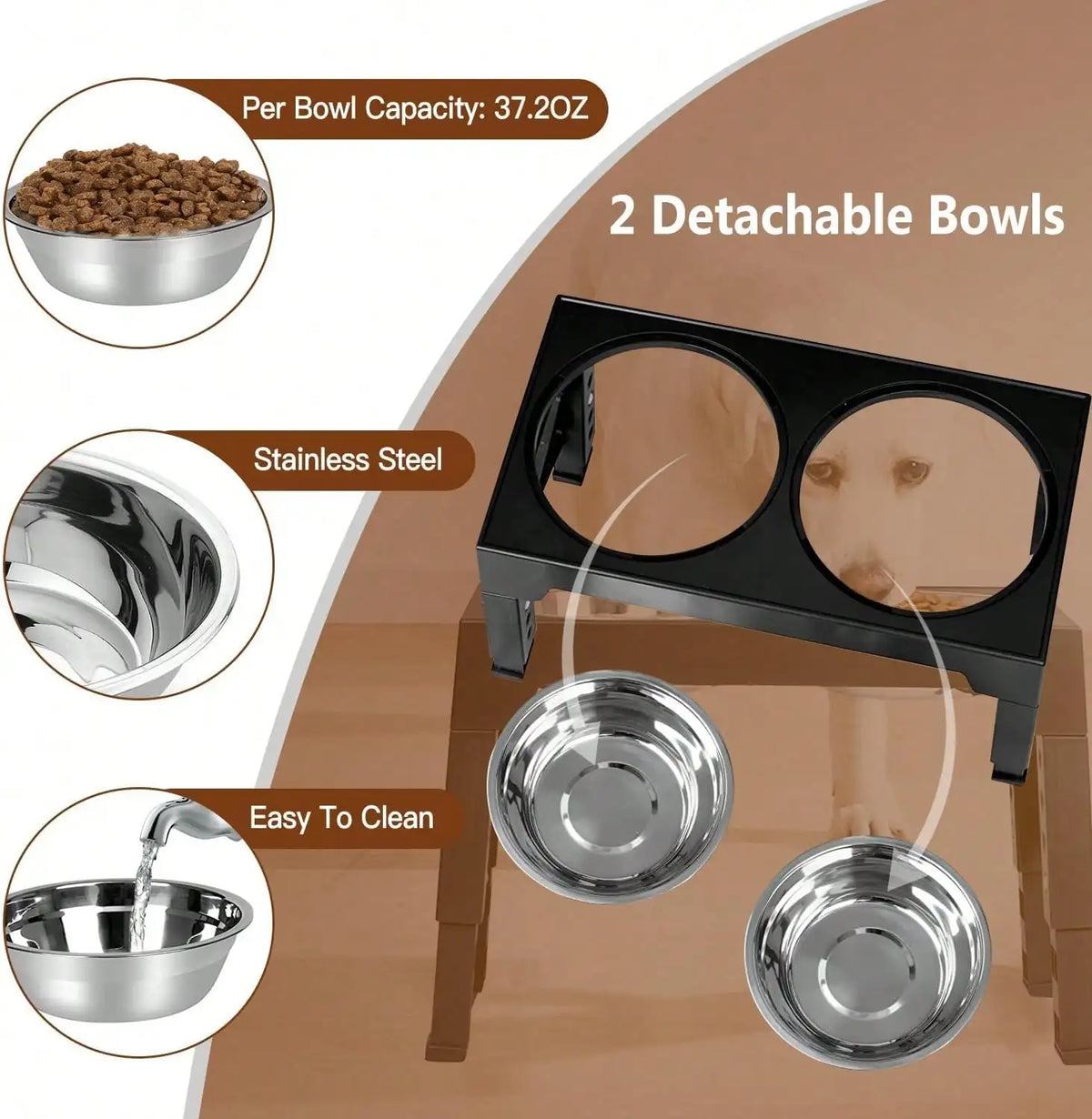 Adjustable Height Elevated Dog Bowl Stand With Stainless Steel Bowls