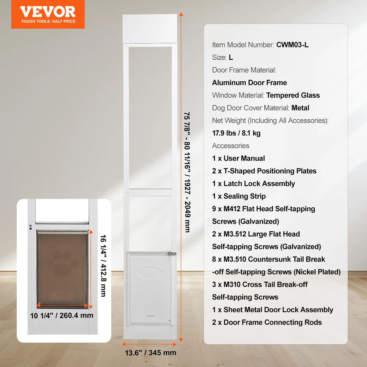 SucceBuy Aluminum Tempered Glass Sliding Adjustable Pet Door For Dogs