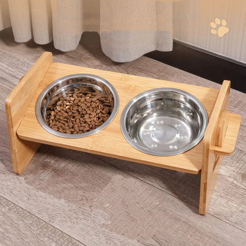 Adjustable Wooden Raised Cat Bowl Stand With Stainless Dish