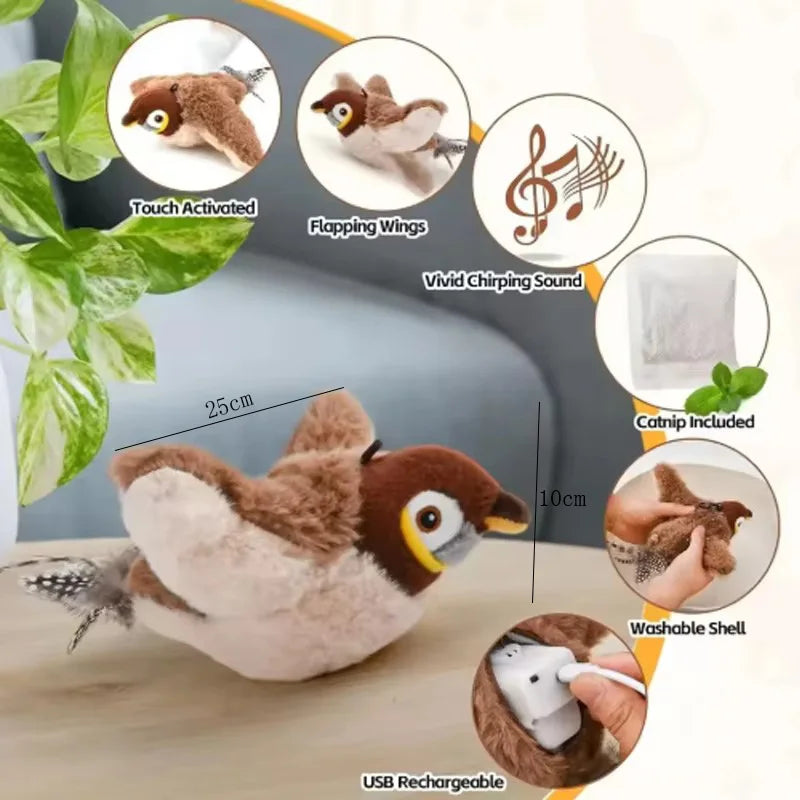 Interactive Plush Bird Cat Toy With Touch Activated Chirping
