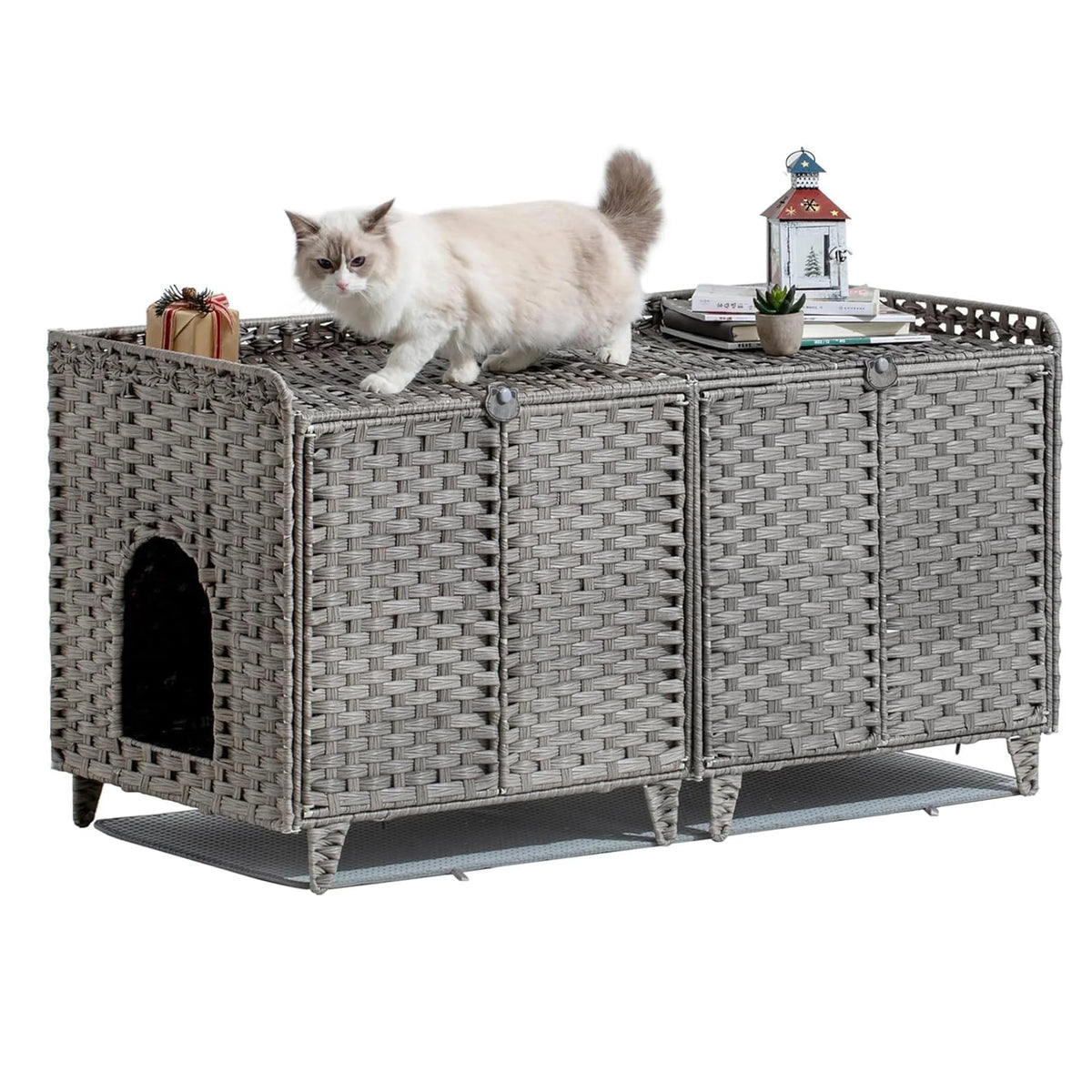 DishyKooker Rattan Hidden Litter Box Enclosure For Two Cats