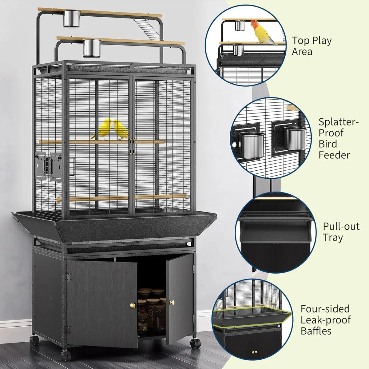 HiMISS Metal Bird Cage with Rolling Corner Stand and Playtop