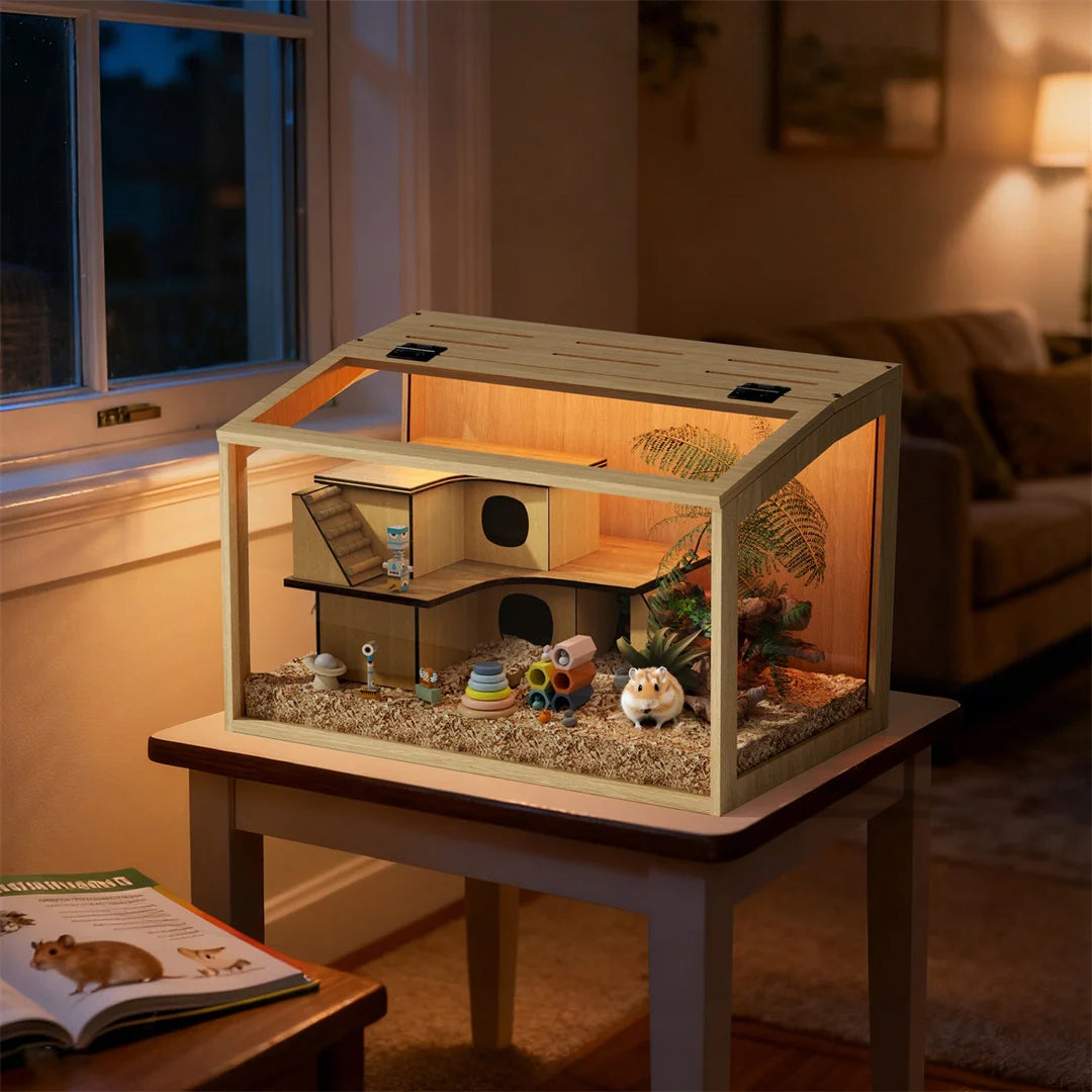 Chew Proof Wooden Hamster Cage With Tempered Glass Panels