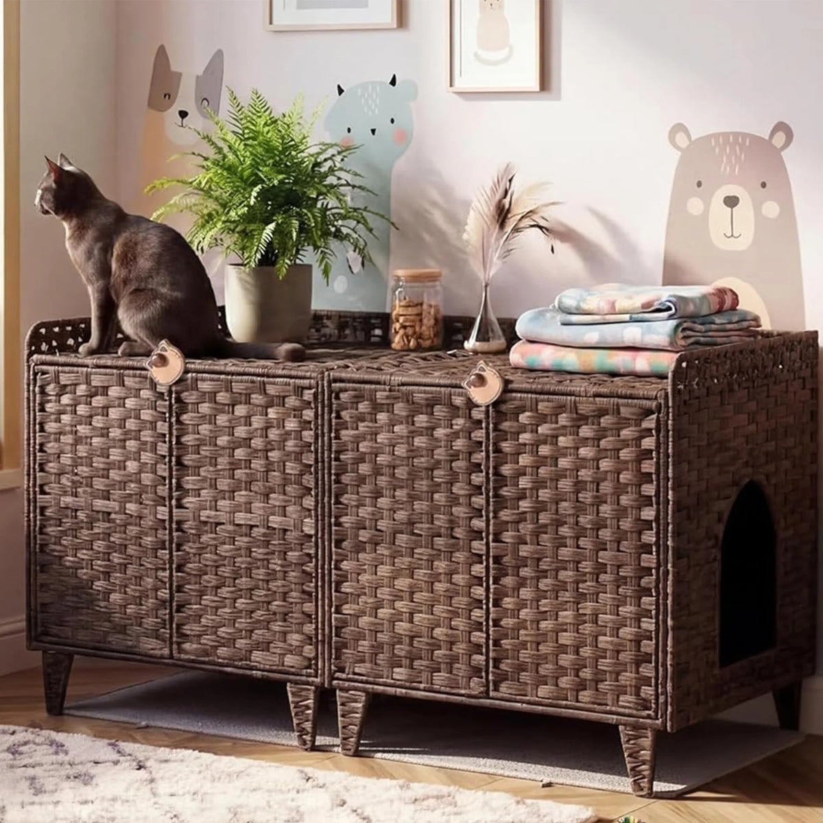 DishyKooker Rattan Hidden Litter Box Enclosure For Two Cats