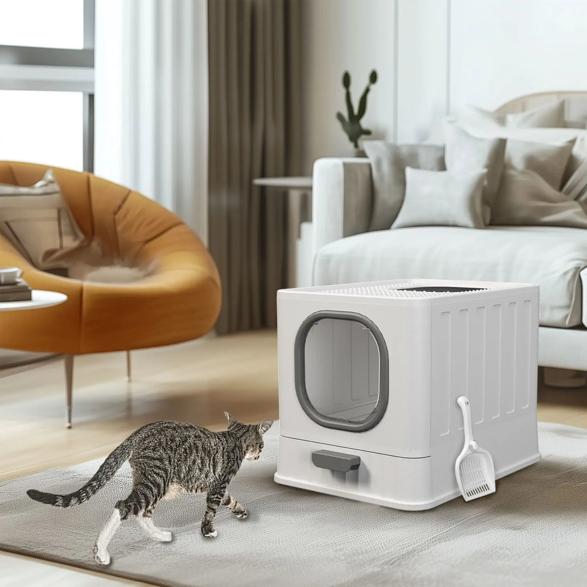 Enclosed Top Entry Cat Litter Box with Scoop and Easy Cleaning Drawer