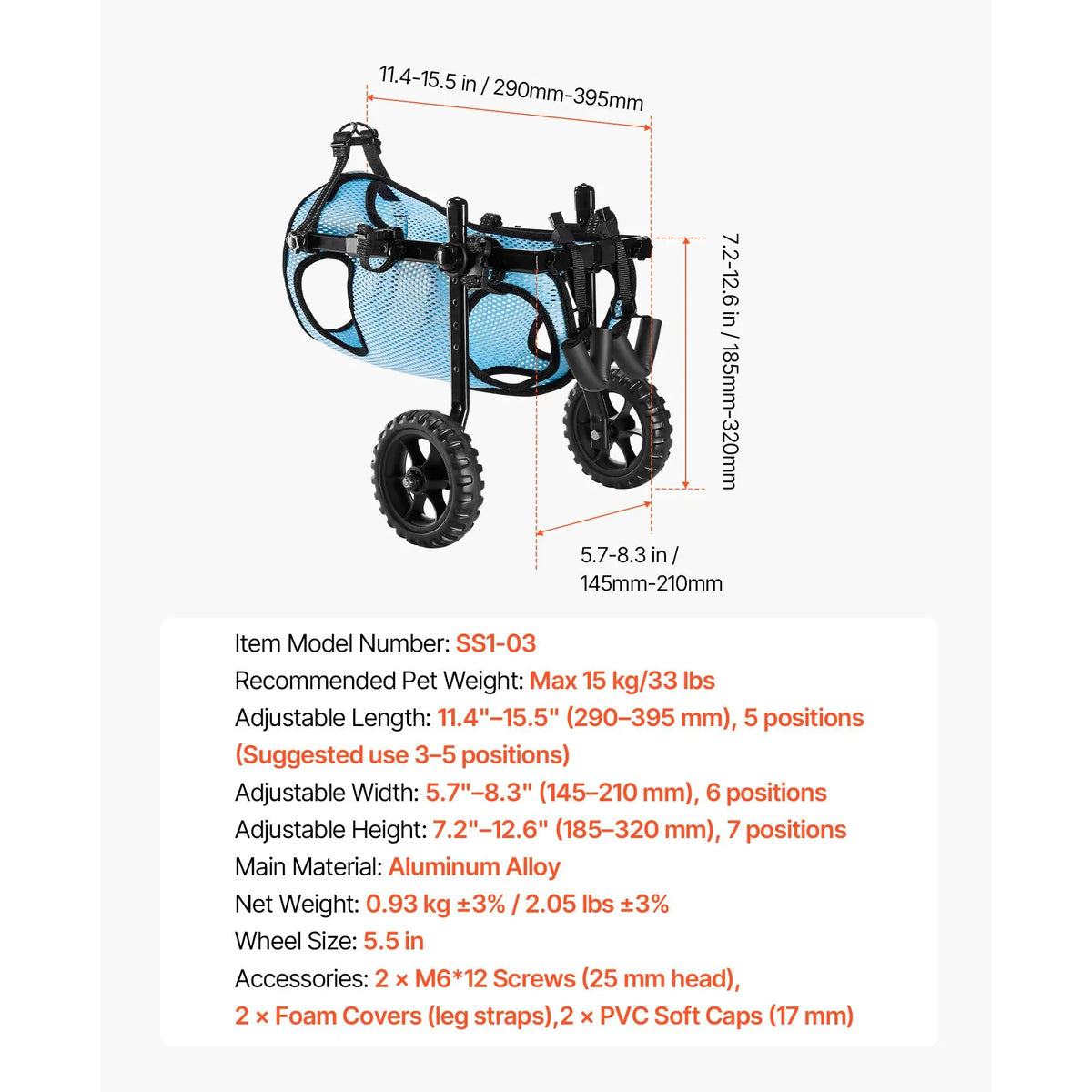 Adjustable Dog Wheelchair For Hind Legs With Shock Absorbing Wheels