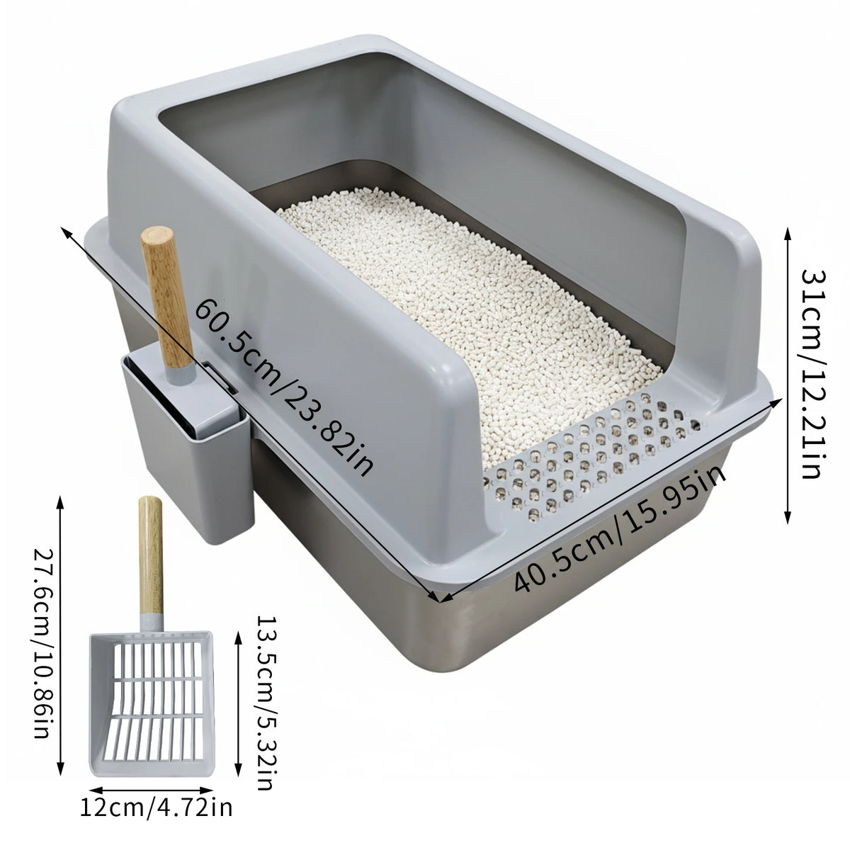 Stainless Steel Enclosed Cat Litter Box With High Sides Scoop