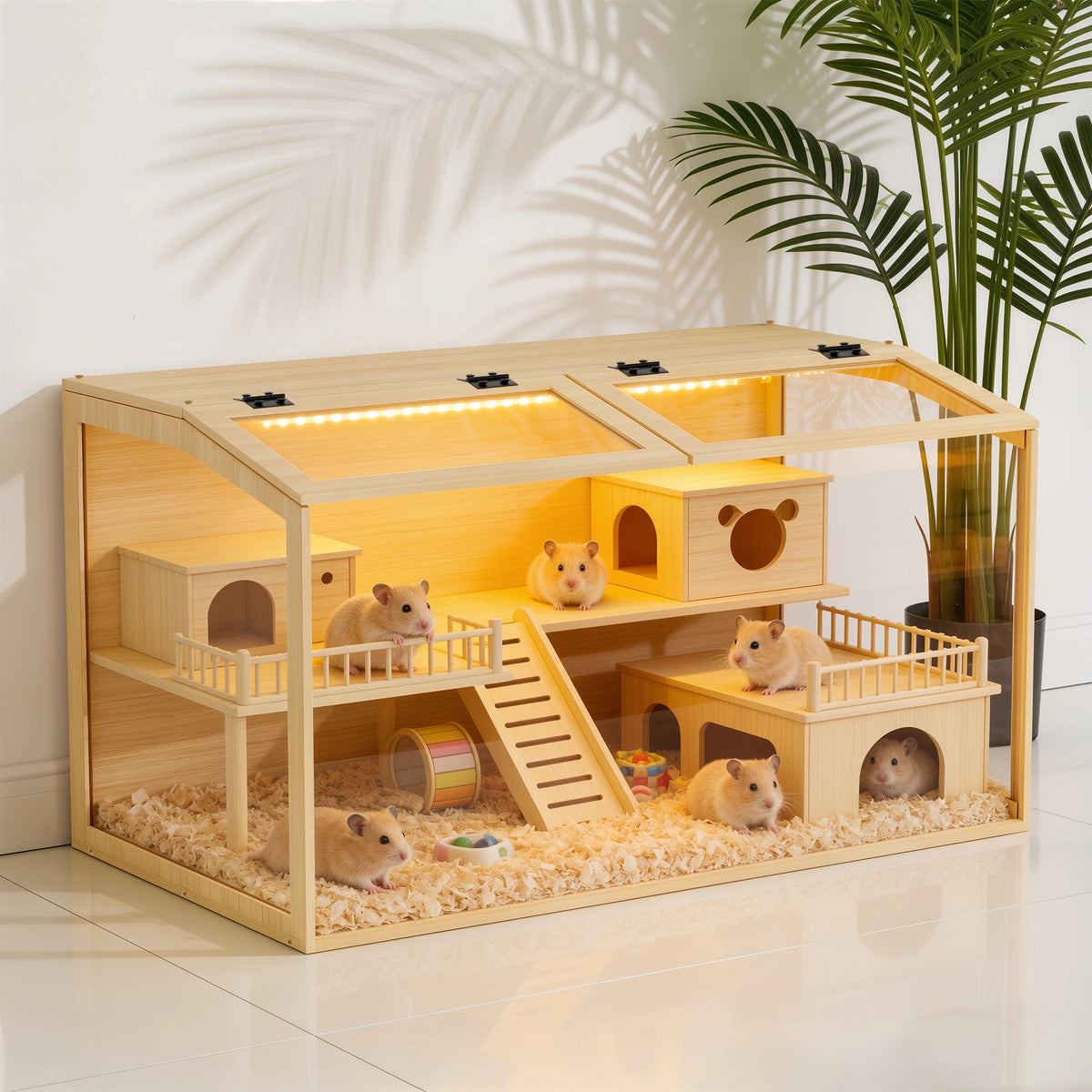 Bingopaw Wooden Hamster Cage With Tempered Glass And Led Light