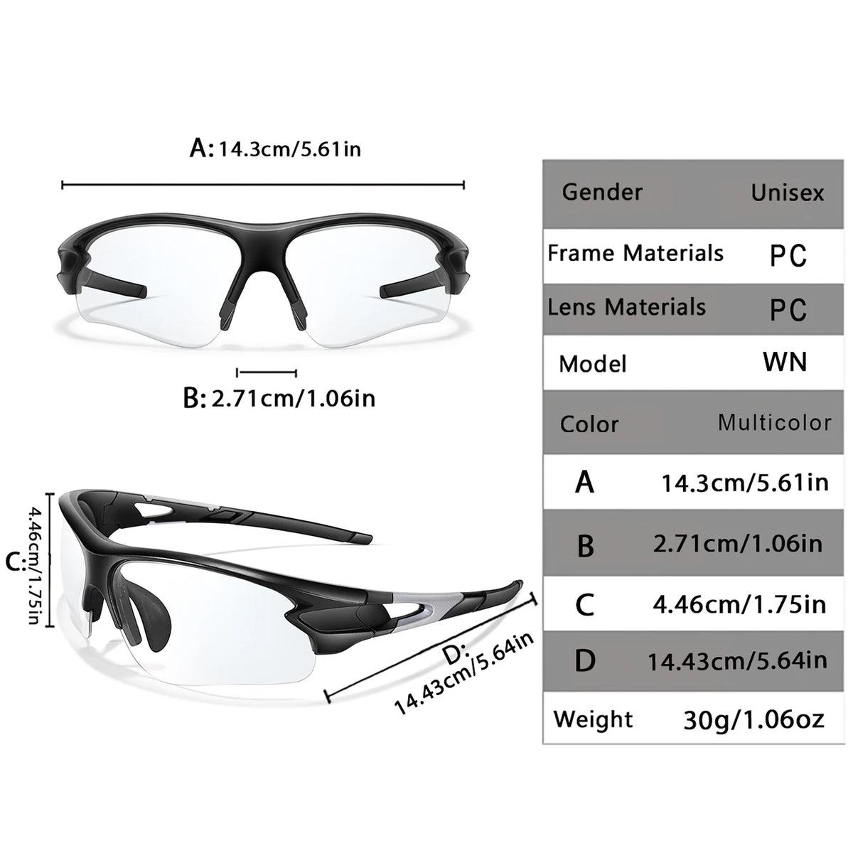 Unisex Half Frame Photochromic Sunglasses For Cycling Running Hiking