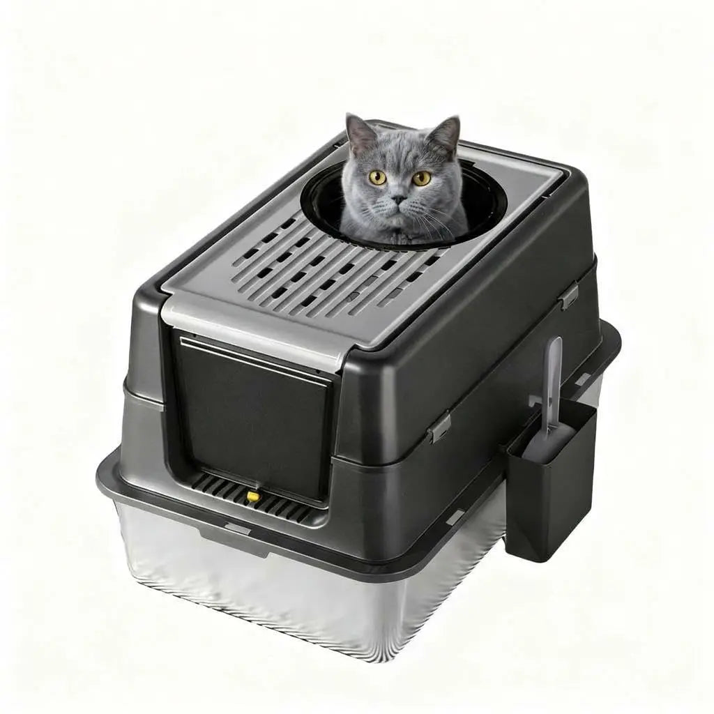 2-in-1 Stainless Steel Cat Litter Box, Large Semi-Enclosed Cat Litter Tray with Top Exit, Front Door, Air Vents, Detachable Inner Buckle, Cat Litter Scoop Included