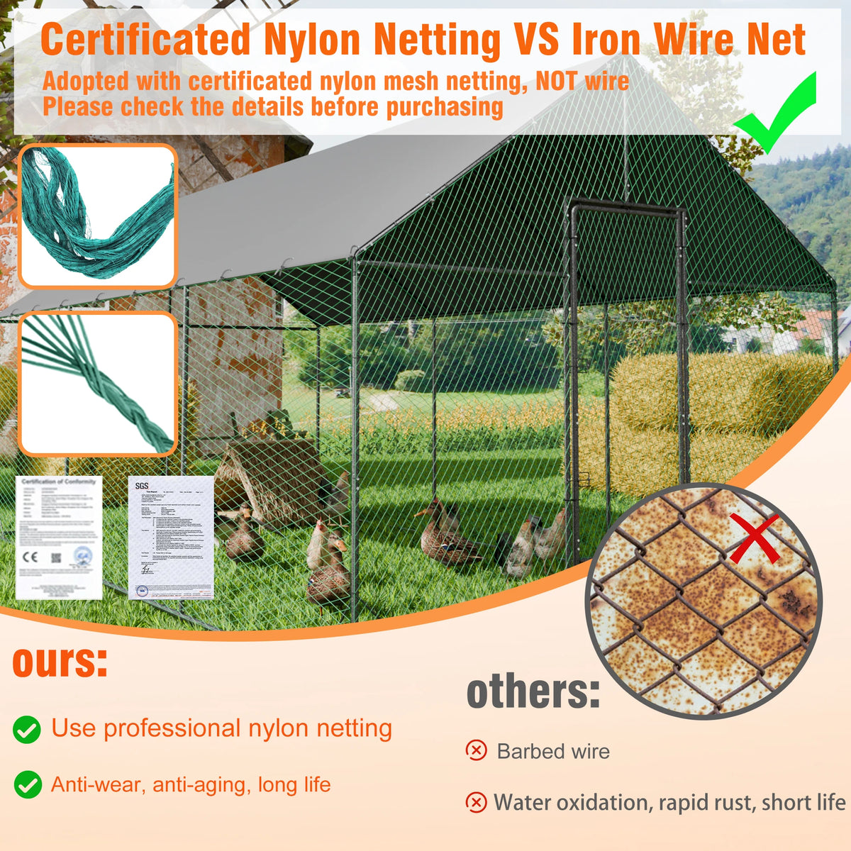 L XL XXL Upgraded Heavy Duty Metal Chicken Coop W/ Cover and Nylon Netting Pet Animal Poultry Run Hen House for Outdoor Backyard