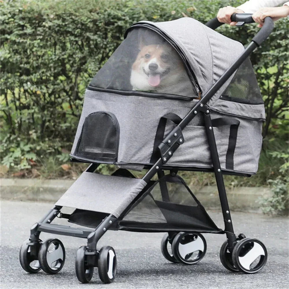 Foldable Four Wheel Pet Stroller With Rain Cover And Storage Basket