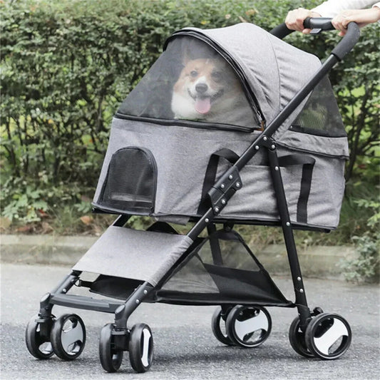 Foldable Four Wheel Pet Stroller With Rain Cover And Storage Basket