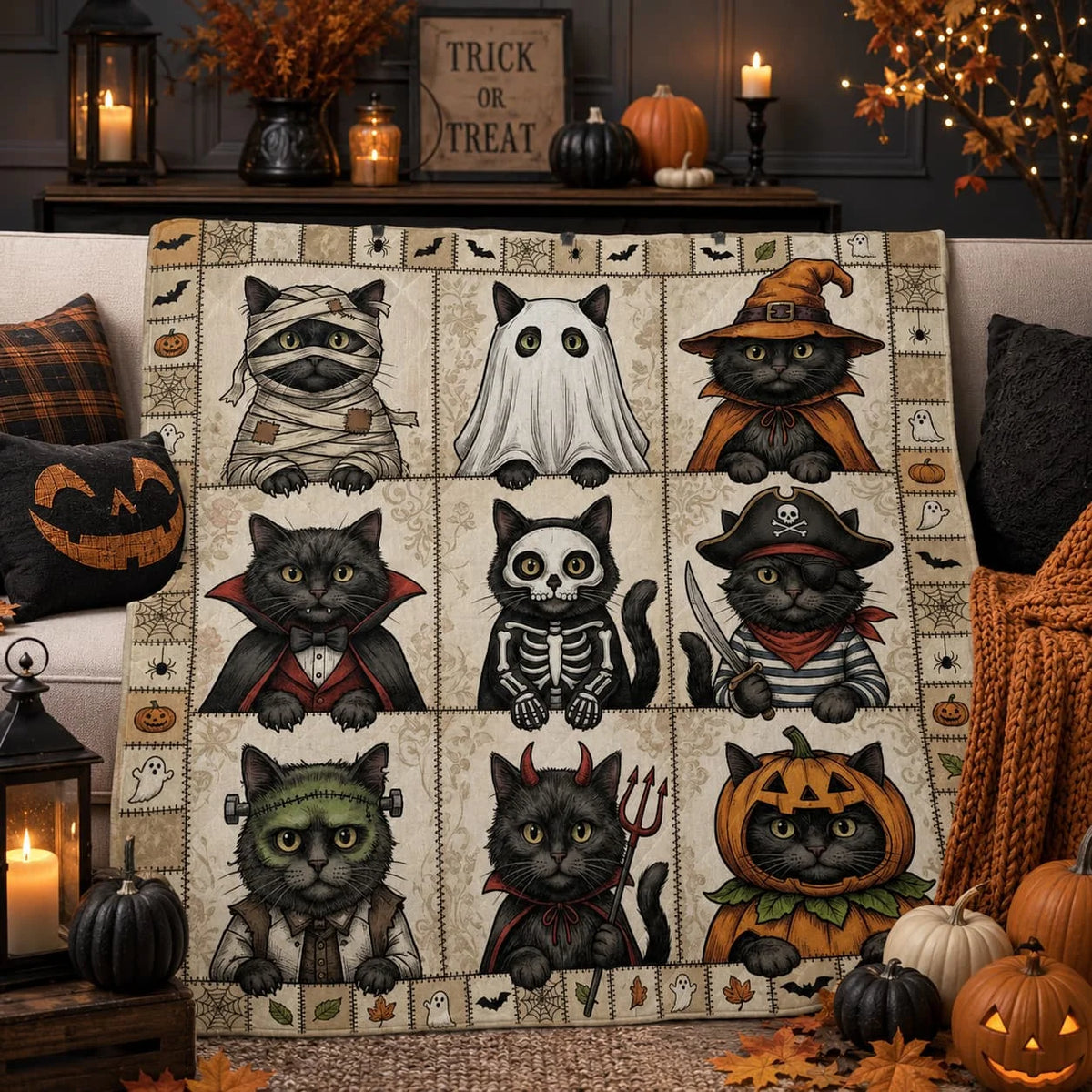 Premium Polyester Black Cat Halloween Quilt Blanket
