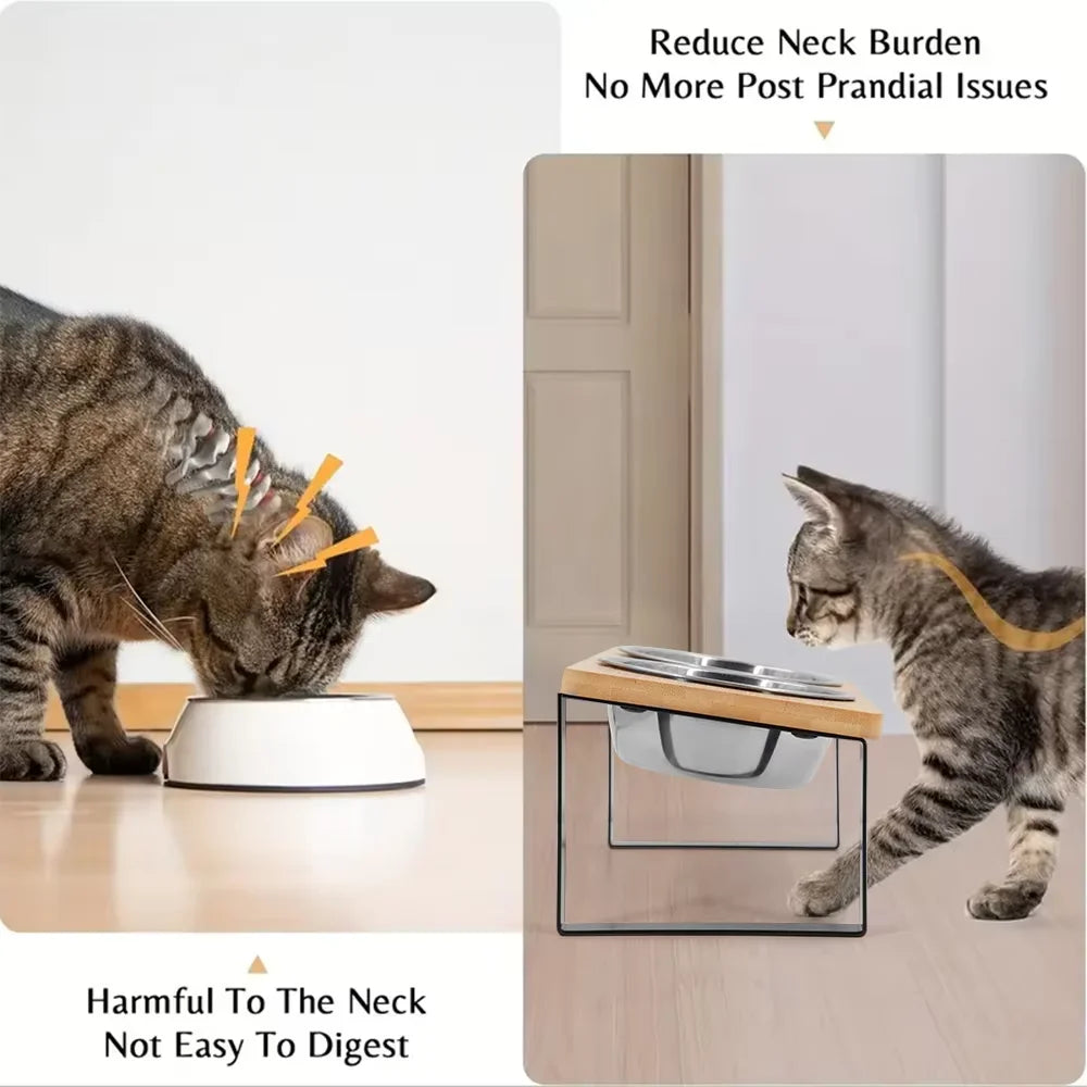 Stainless Steel Elevated Cat Food Bowl With Wooden Stand