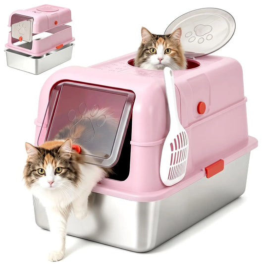 Studyset Enclosed Stainless Steel Litter Box with Lid Includes Scoop