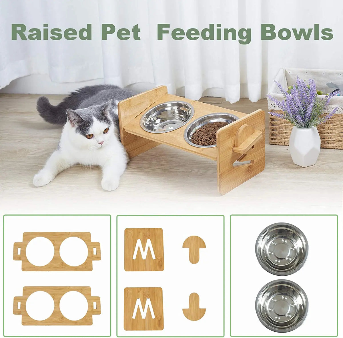 Adjustable Wooden Raised Cat Bowl Stand With Stainless Dish