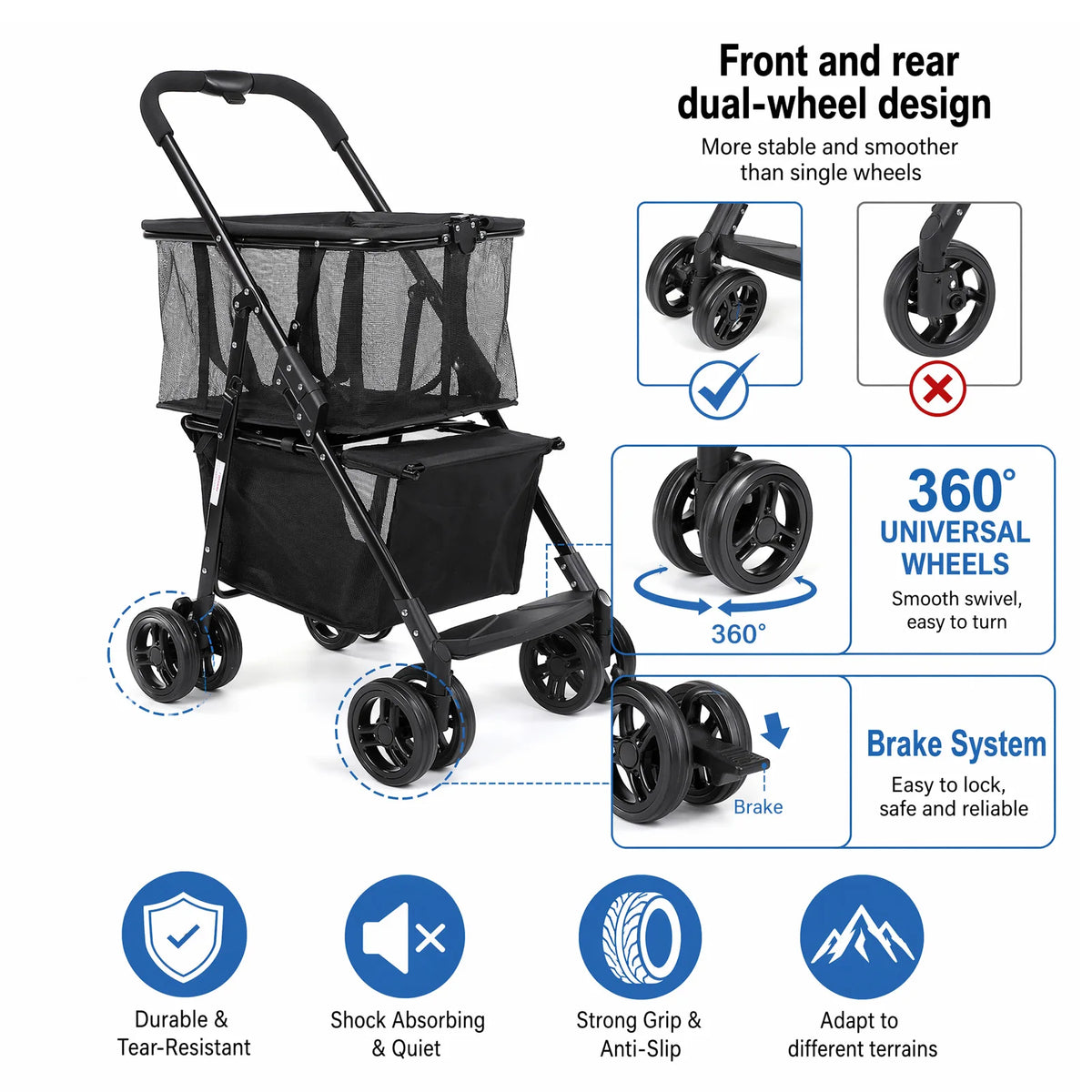 Folding Pet Stroller And Shopping Cart With Detachable Hand Basket