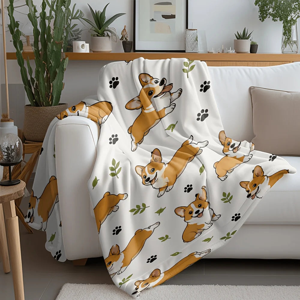Cartoon Corgi Printed Flannel Throw Blanket Ultra Soft Cozy