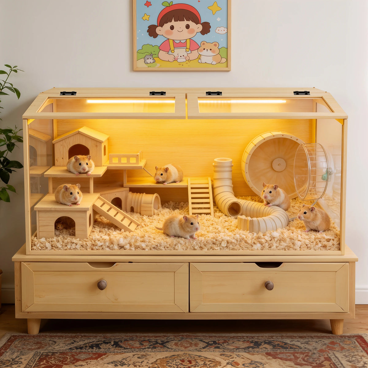 Bingopaw Wooden Hamster Cage With Tempered Glass And Led Light