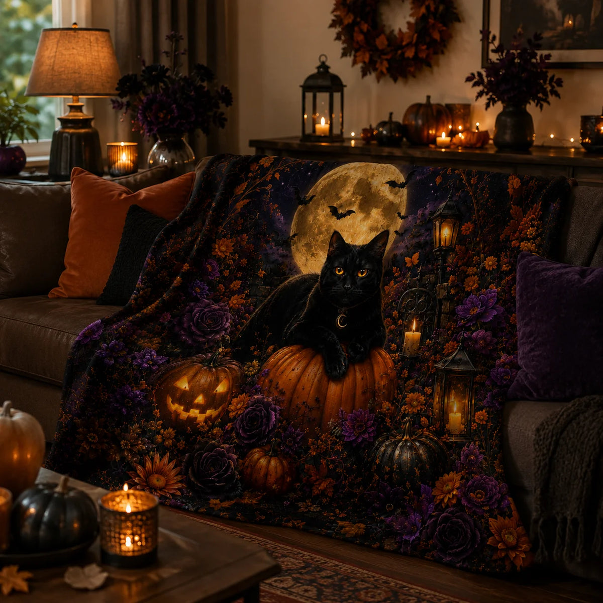 Cat Halloween Fleece Throw Blanket with Gothic Floral Pumpkins Print