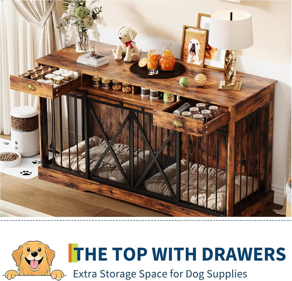 Decorative Double Dog Crate With Divider And Storage Drawers