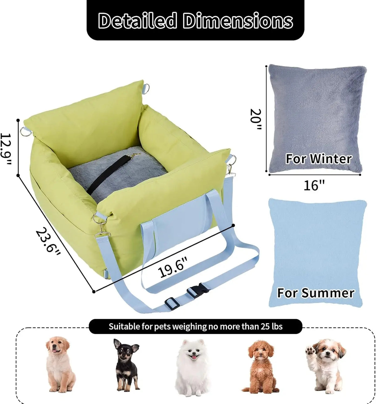 Waterproof Dog Car Seat Booster for Small Dogs, Green, 60*50*33 cm Elevated Travel Bed/Carrier with Safety Tether, Headrest Strap, Storage Pockets
