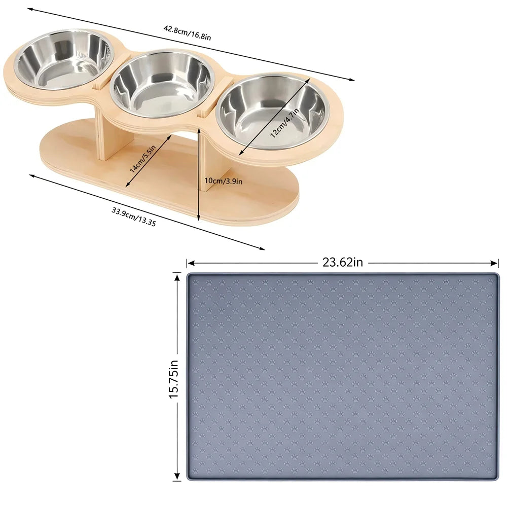 Elevated Cat Feeder With Three Stainless Bowls Tilted Wood Stand
