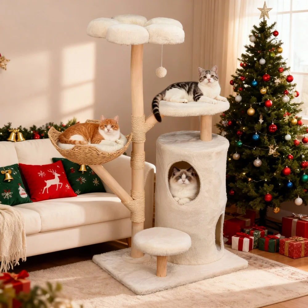 BORWART Wooden Cat Tree Tower With Scratching Post And Condo House