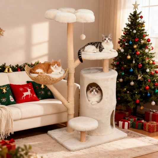 BORWART Wooden Cat Tree Tower With Scratching Post And Condo House