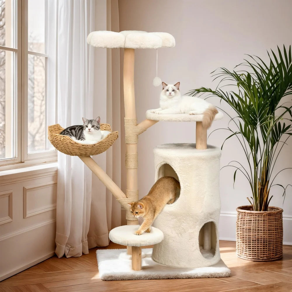 BORWART Wooden Cat Tree Tower With Scratching Post And Condo House