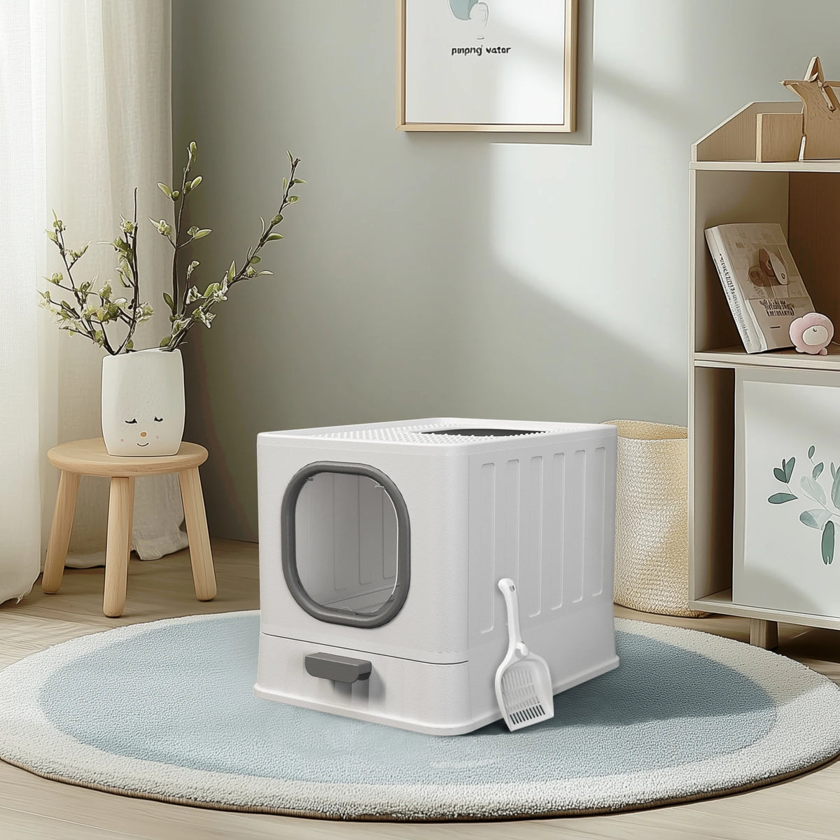 Enclosed Top Entry Cat Litter Box with Scoop and Easy Cleaning Drawer
